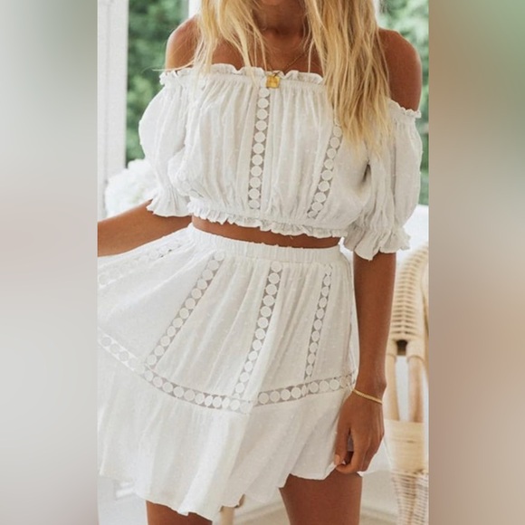 Skirts | Nwt Two Piece Ruffle Trim Cami Hollow Out Crop Top And Wrap ...